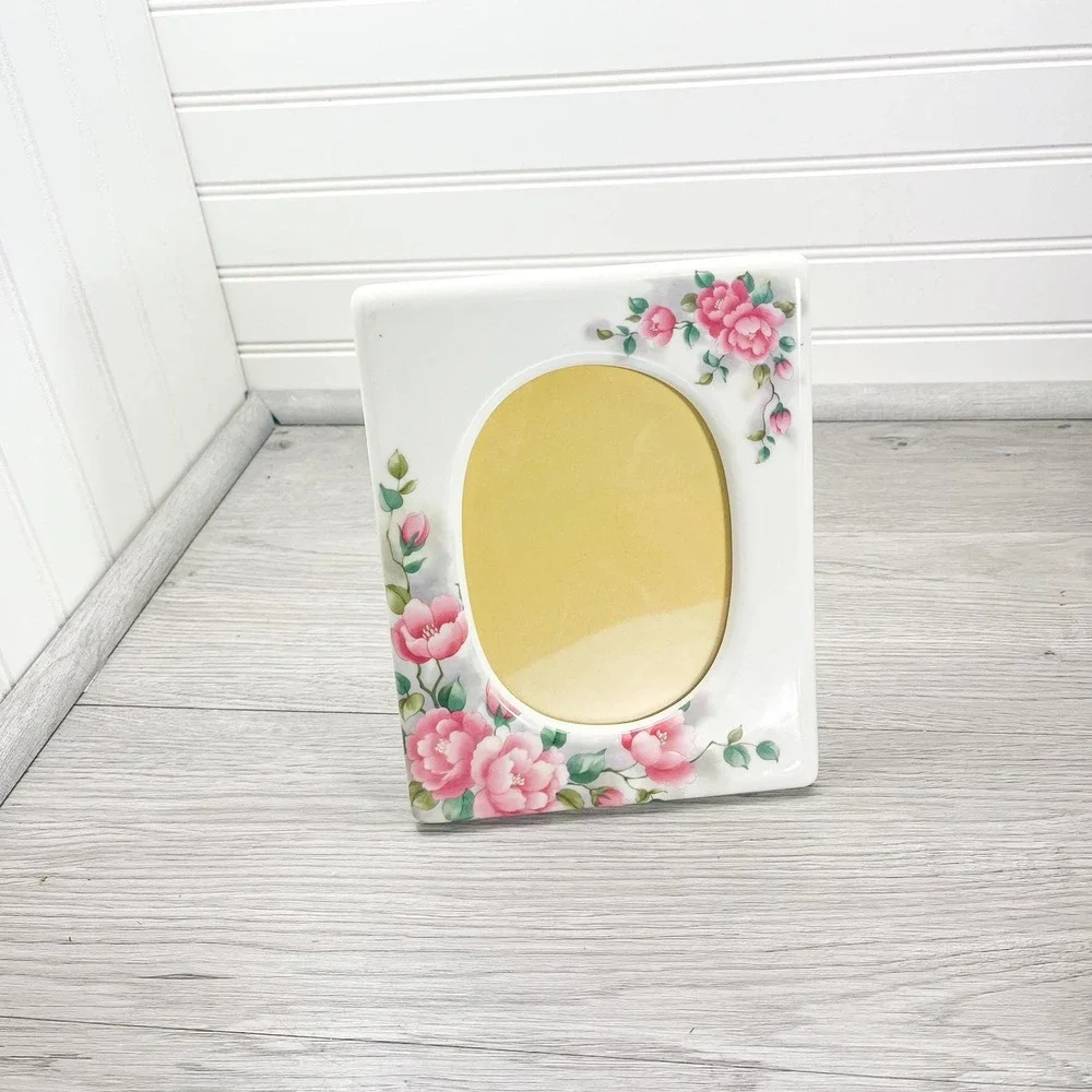 Vintage White Ceramic Picture Frame: Pink Floral Cottagecore Decor